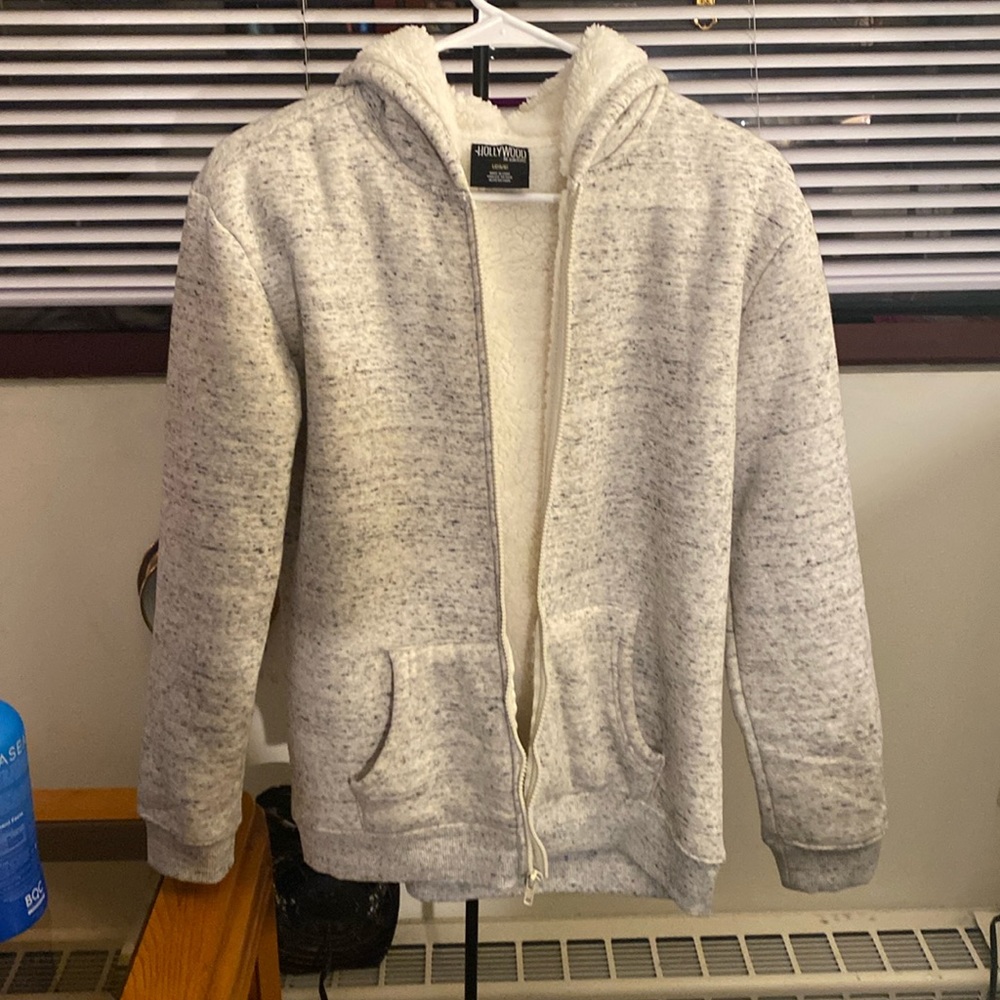 Hooded, white and gray zippered up sweat, jacket size large